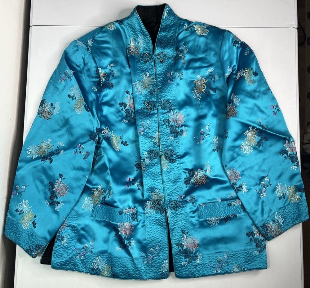 Vintage Chinese Silk Reversible Mandarin Collar Blue Jacket Floral Size Large